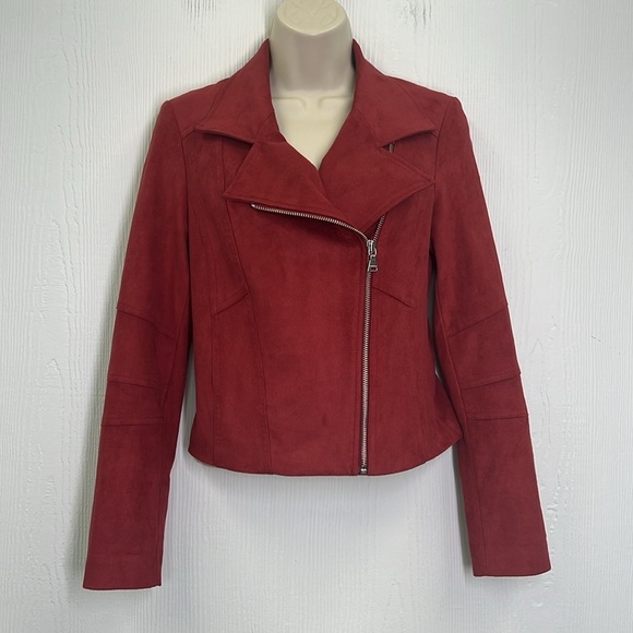 Express - Red Faux Vegan Suede Moto Long Sleeve Lined  Zipper Jacket Size XS - Picture 2 of 13